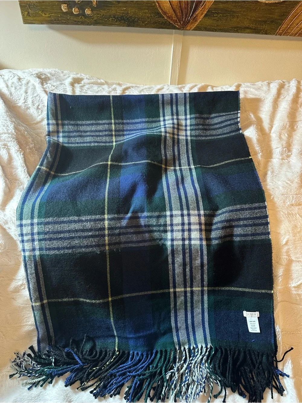 J.Crew Classic Oversized Plaid Blanket Scarf Wrap Fringed Green Navy